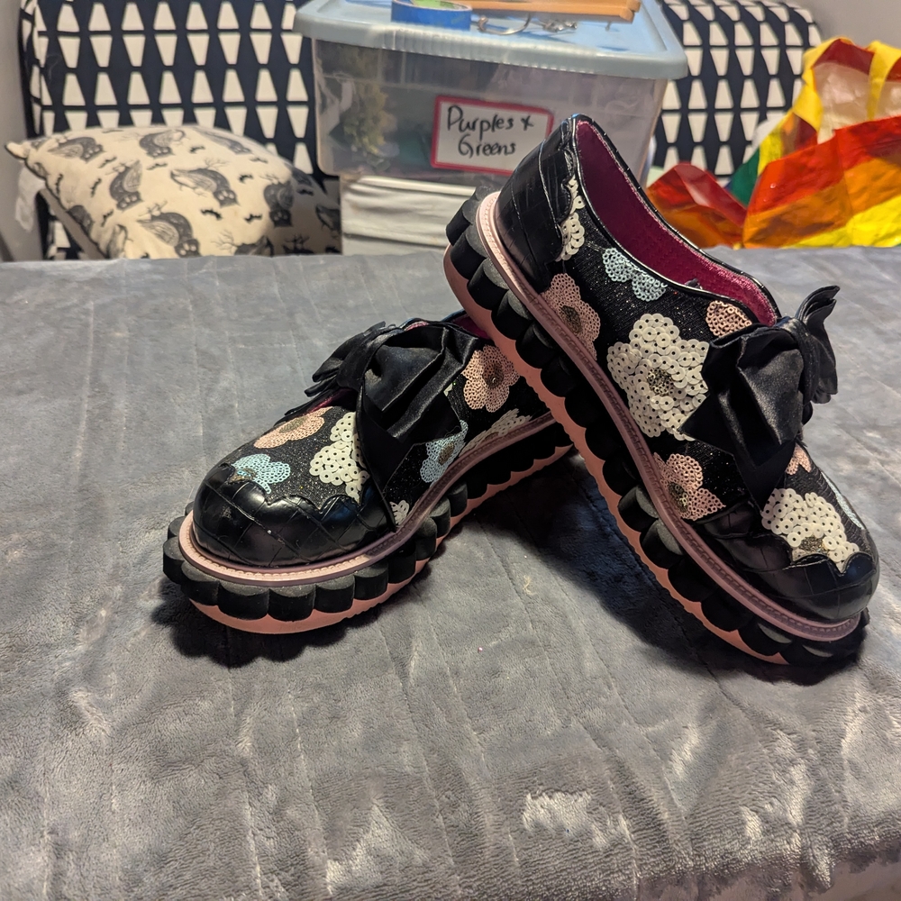 Irregular Choice Black Floral Flats with Bow